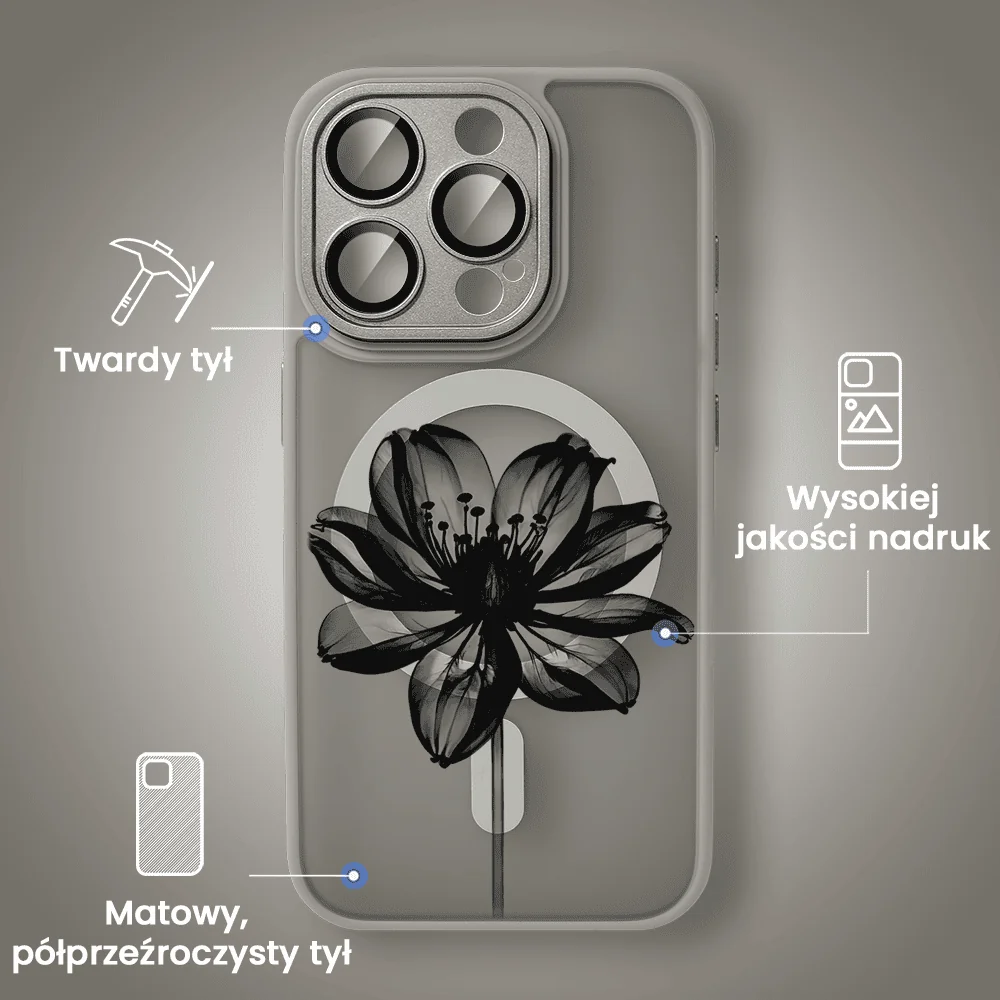 Etui do iPhone 15 Pro Color Flush z Magsafe, z osłoną aparatu, z nadrukiem czarny kwiat, tytanowe