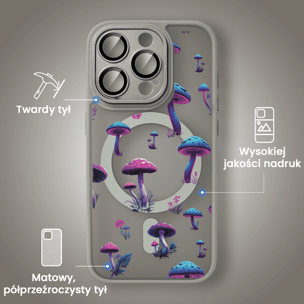 Etui do iPhone 15 Pro Max Color Flush z Magsafe, z osłoną aparatu, z nadrukiem magiczne grzybki, tytanowe