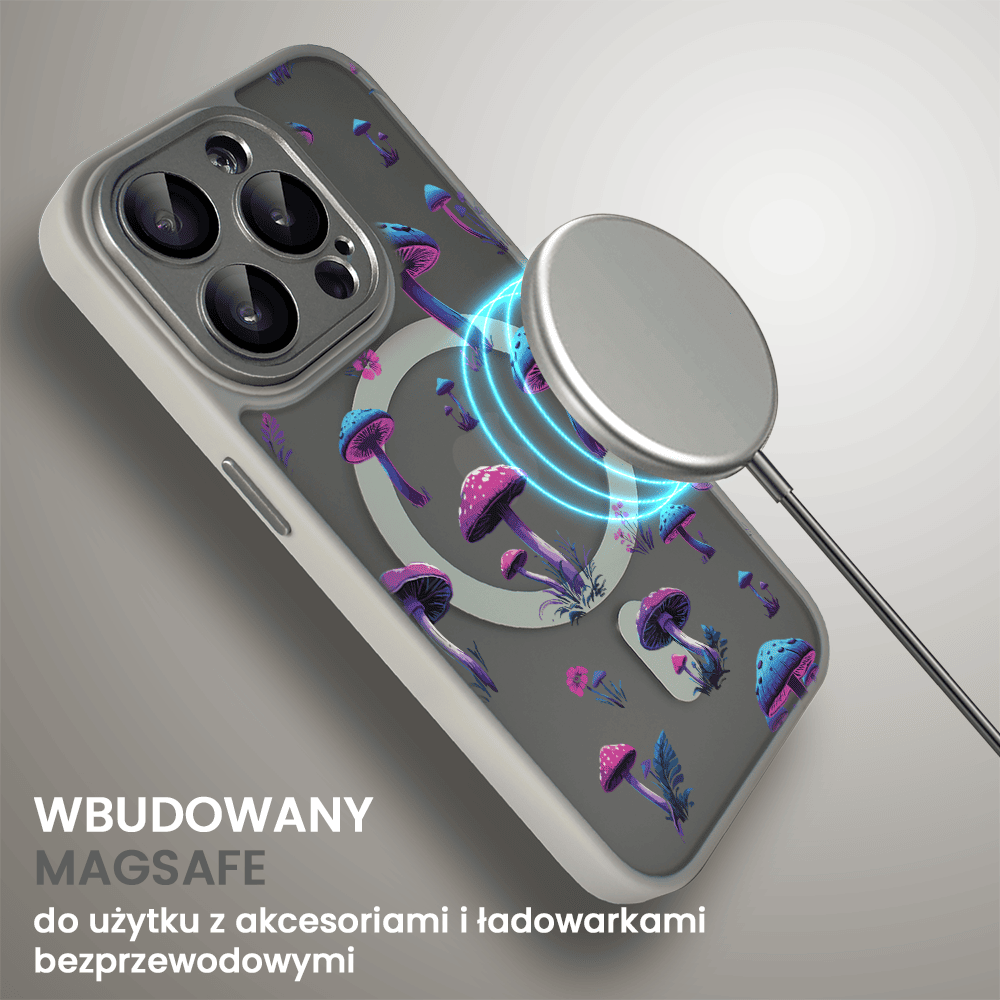 Etui do iPhone 15 Pro Max Color Flush z Magsafe, z osłoną aparatu, z nadrukiem magiczne grzybki, tytanowe