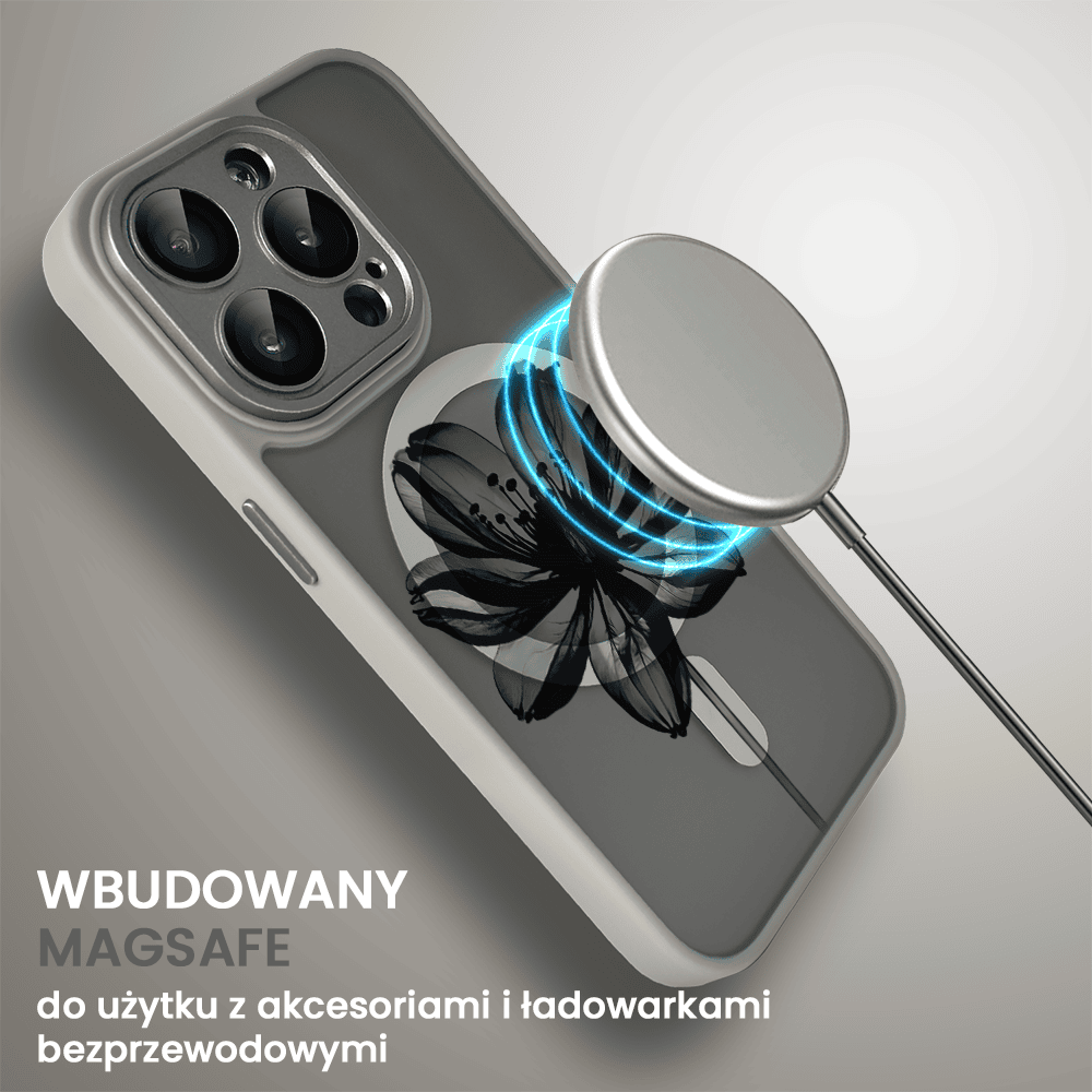 Etui do iPhone 15 Pro Color Flush z Magsafe, z osłoną aparatu, z nadrukiem czarny kwiat, tytanowe