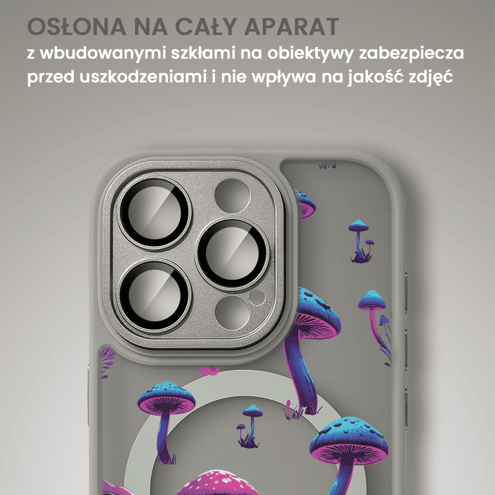 Etui do iPhone 15 Pro Max Color Flush z Magsafe, z osłoną aparatu, z nadrukiem magiczne grzybki, tytanowe
