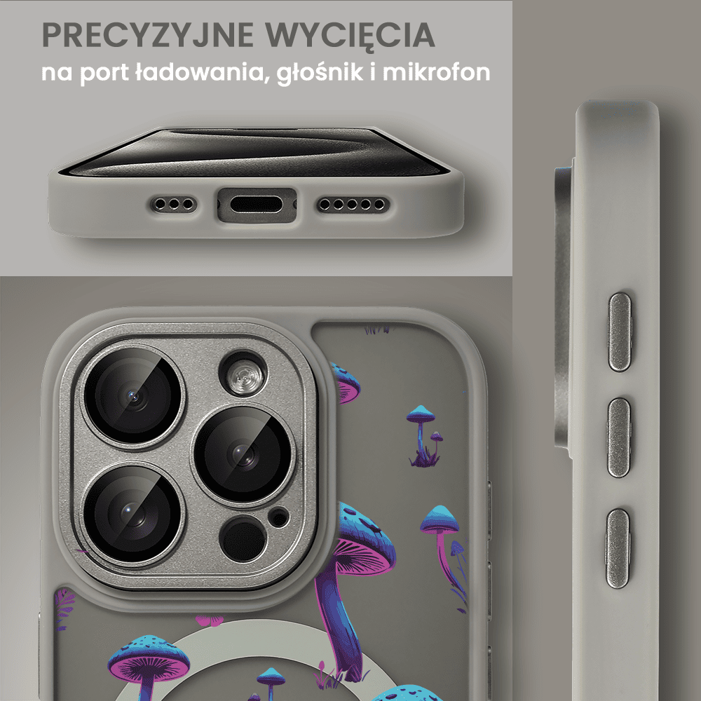 Etui do iPhone 15 Pro Max Color Flush z Magsafe, z osłoną aparatu, z nadrukiem magiczne grzybki, tytanowe