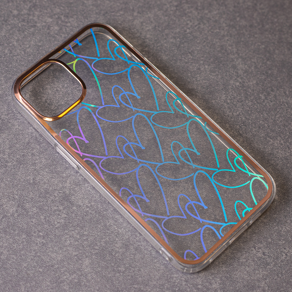 Etui do iPhone 12 Holo Gold, holograficzny nadruk serca, szklany tył, ramka w kolorze czerwonego złota (OUTLET)