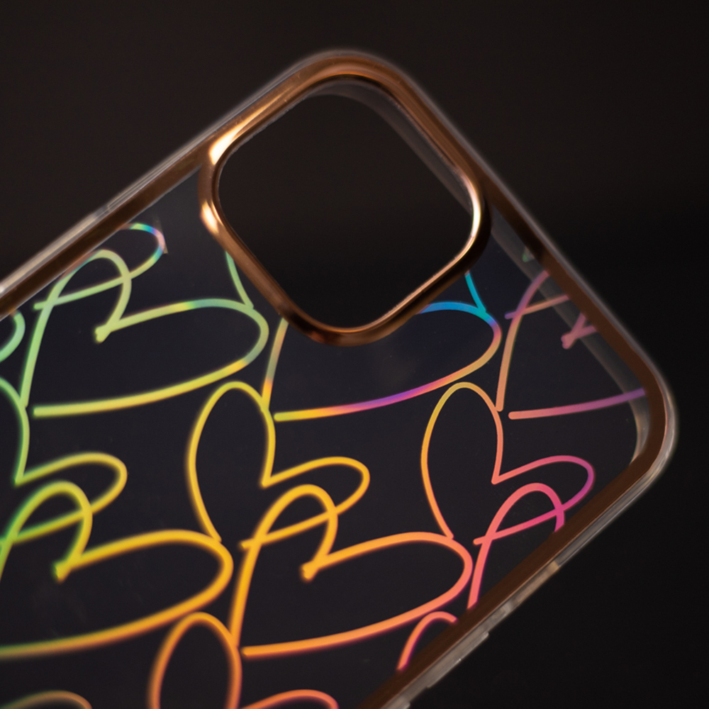 Etui do iPhone 12 Holo Gold, holograficzny nadruk serca, szklany tył, ramka w kolorze czerwonego złota (OUTLET)