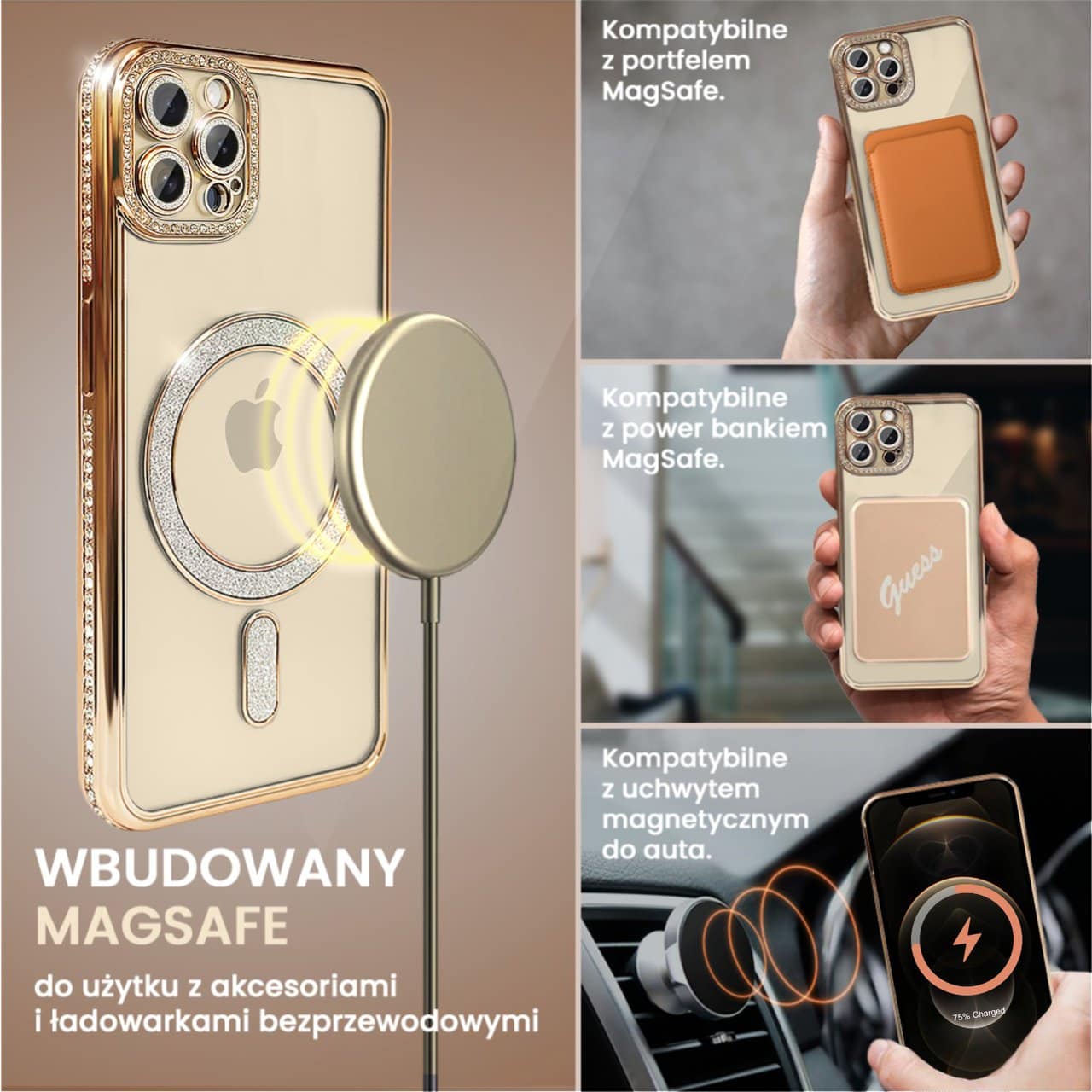 Etui do iPhone 12 Pro Diadem Glow, błyszczące z MagSafe, przeźroczyste, złote