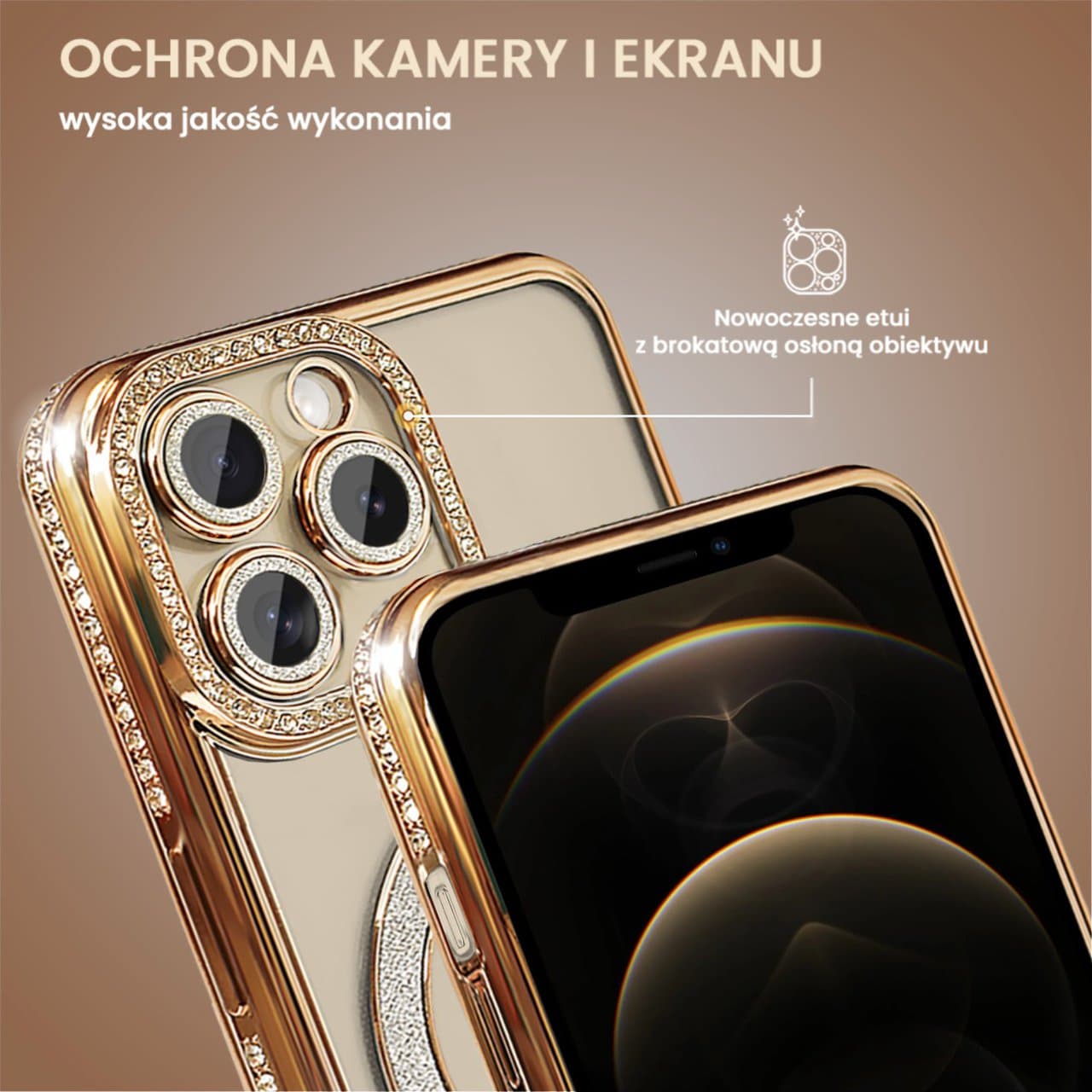 Etui do iPhone 12 Pro Diadem Glow, błyszczące z MagSafe, przeźroczyste, złote