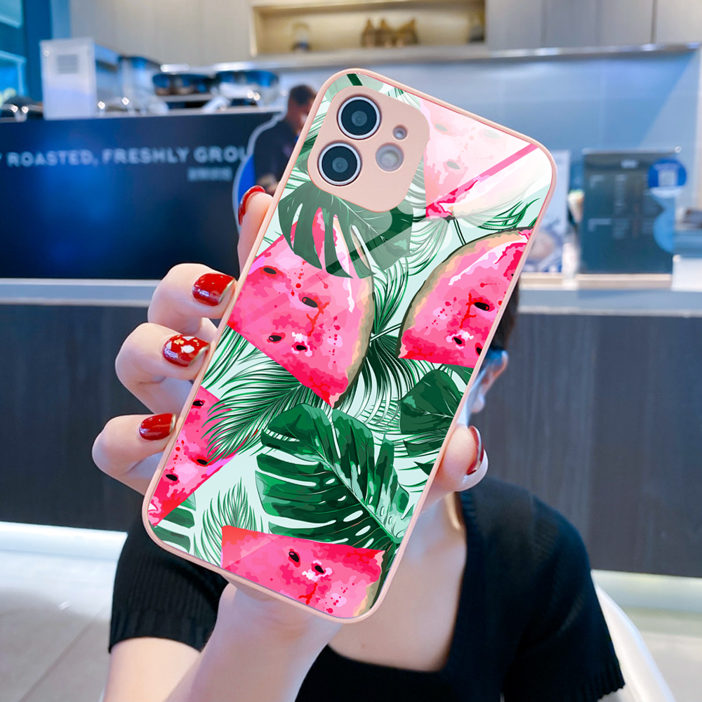 Etui do iPhone 12, szklany tył, osłona kamery, arbuzowa fantazja, łososiowe