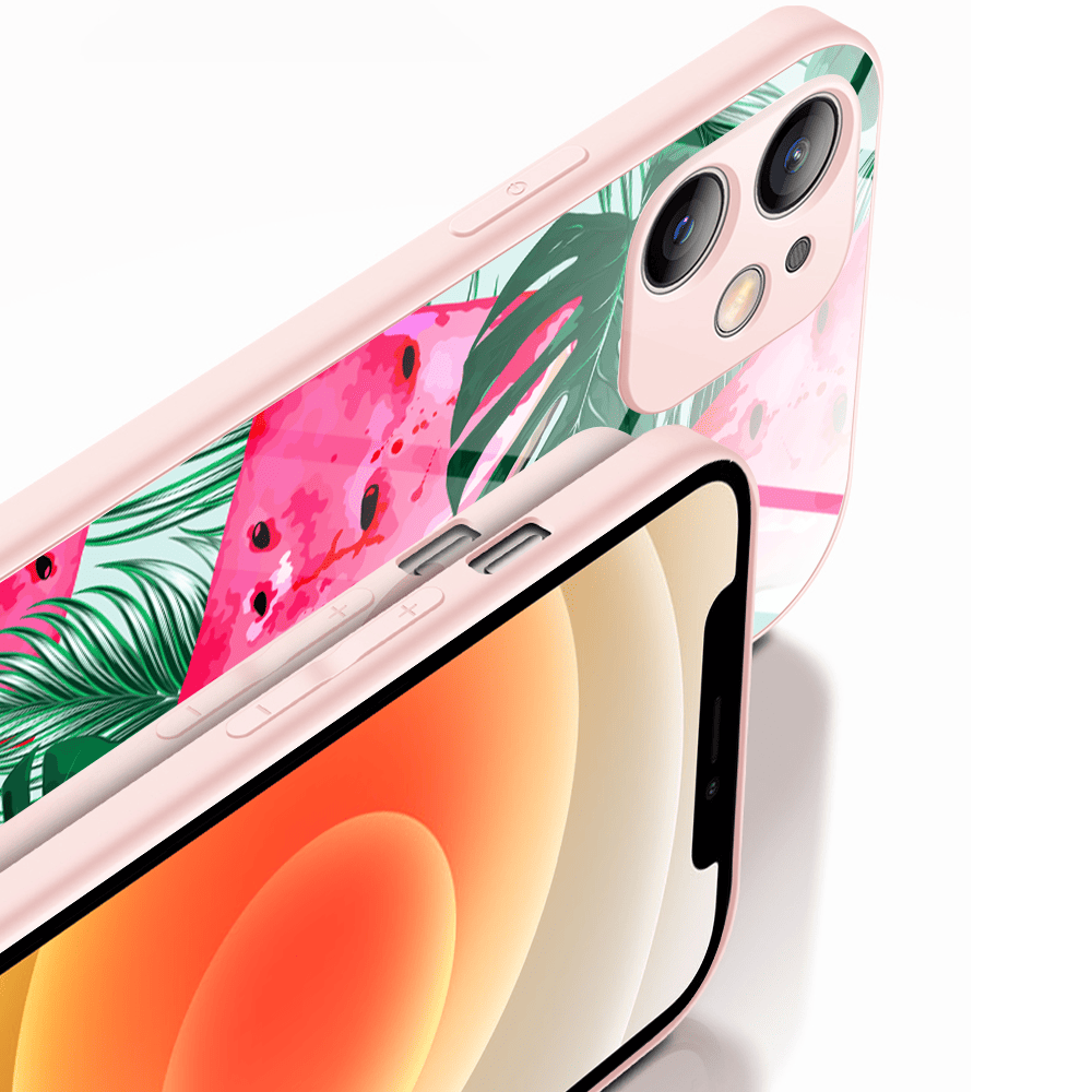 Etui do iPhone 12, szklany tył, osłona kamery, arbuzowa fantazja, łososiowe
