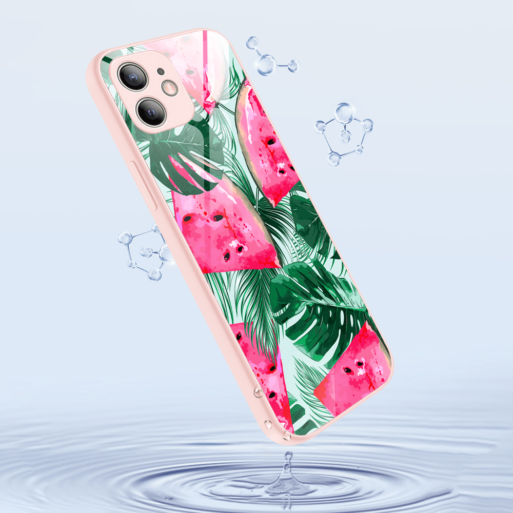 Etui do iPhone 12, szklany tył, osłona kamery, arbuzowa fantazja, łososiowe