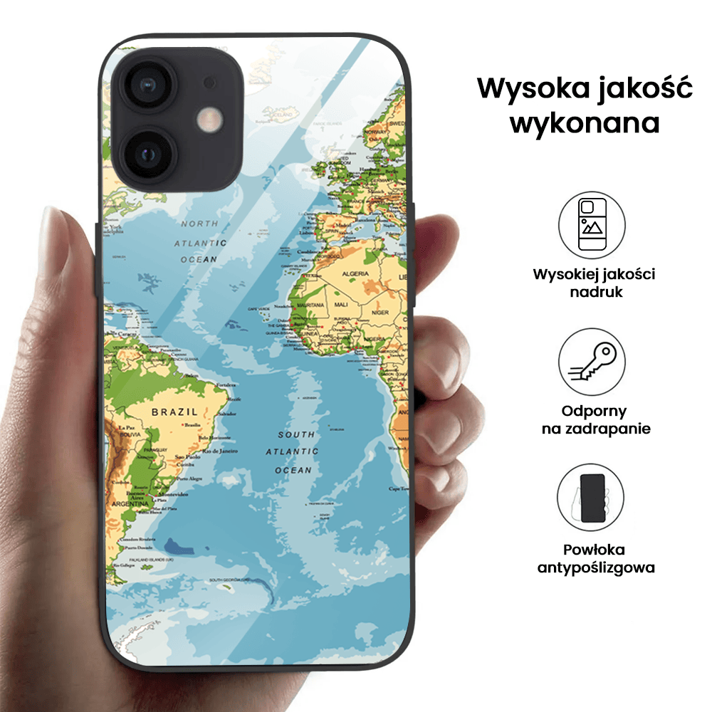 Etui do iPhone 12, szklany tył, mapa świata, czarne