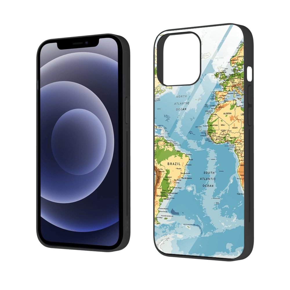 Etui do iPhone 12, szklany tył, mapa świata, czarne
