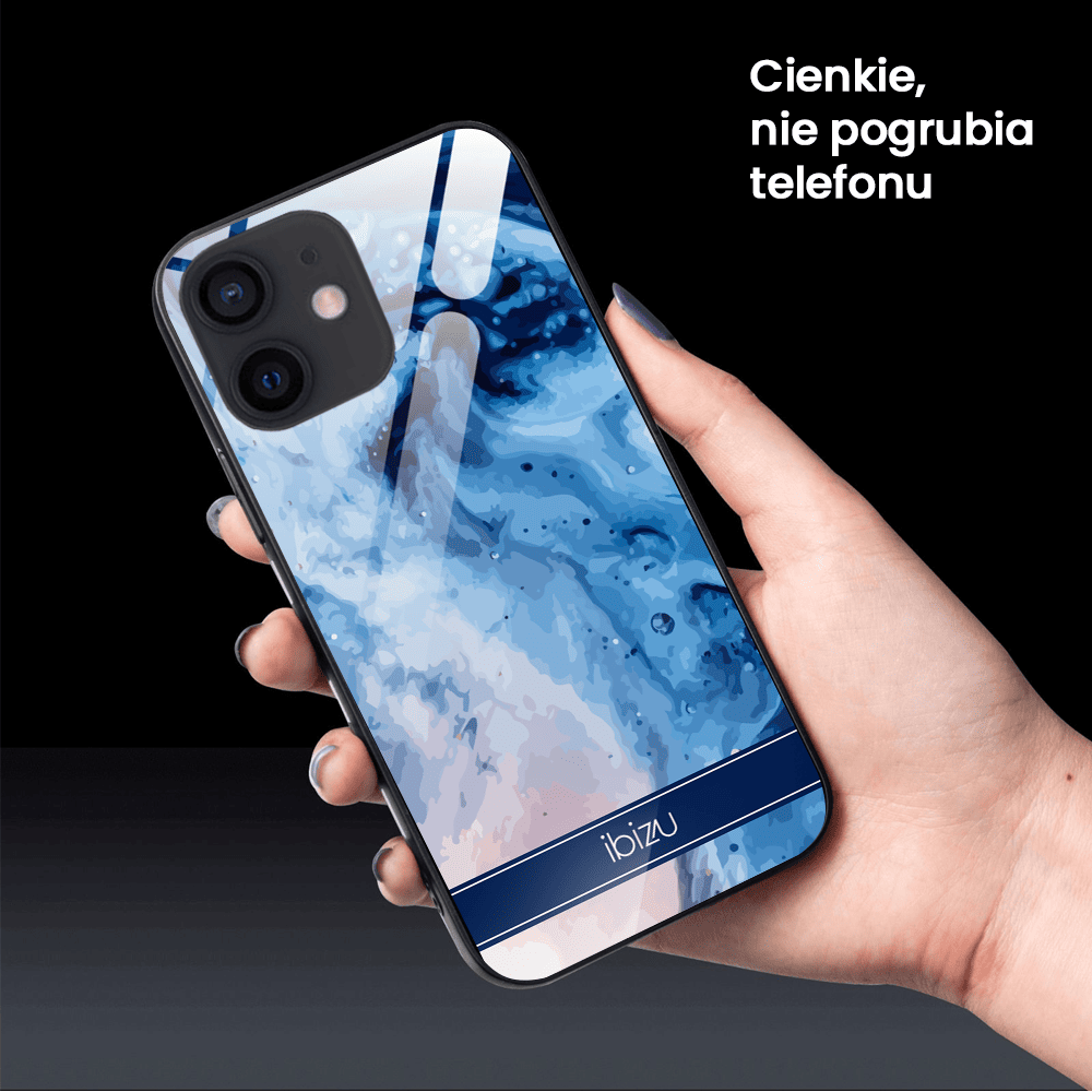 Etui do iPhone 12, Ibizu, szklany tył, błękitny marmurek wodny, czarne