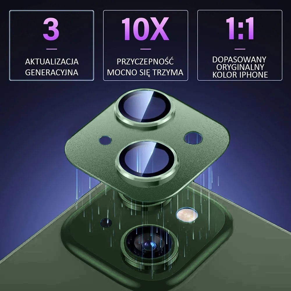 iPhone 13 Mini gładka metalowa osłona na cały aparat, wbudowane szkła 9H, zielona