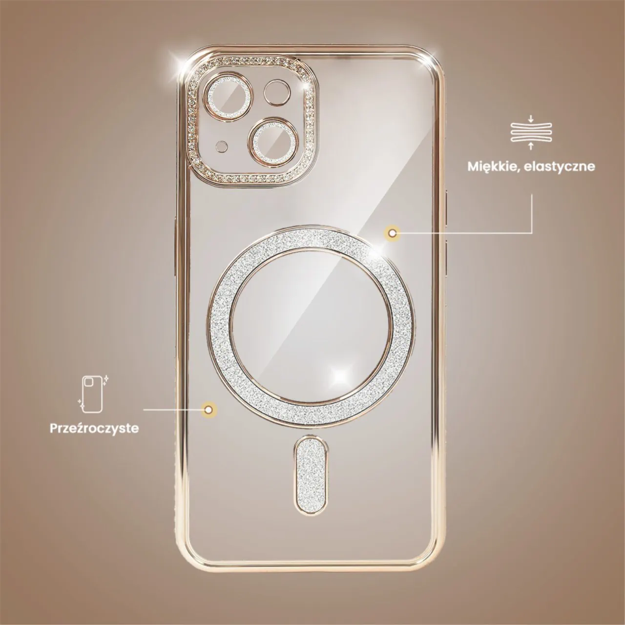 Etui do iPhone 13 Diadem Glow, błyszczące z MagSafe, przeźroczyste, złote (OUTLET)