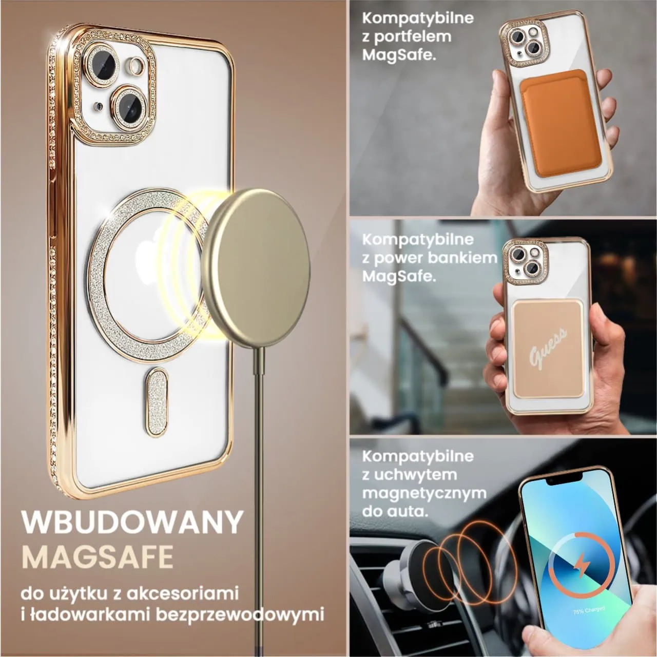 Etui do iPhone 13 Diadem Glow, błyszczące z MagSafe, przeźroczyste, złote (OUTLET)