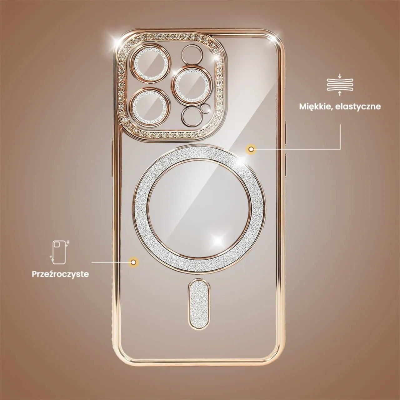 Etui do iPhone 13 Pro Diadem Glow, błyszczące z MagSafe, przeźroczyste, złote