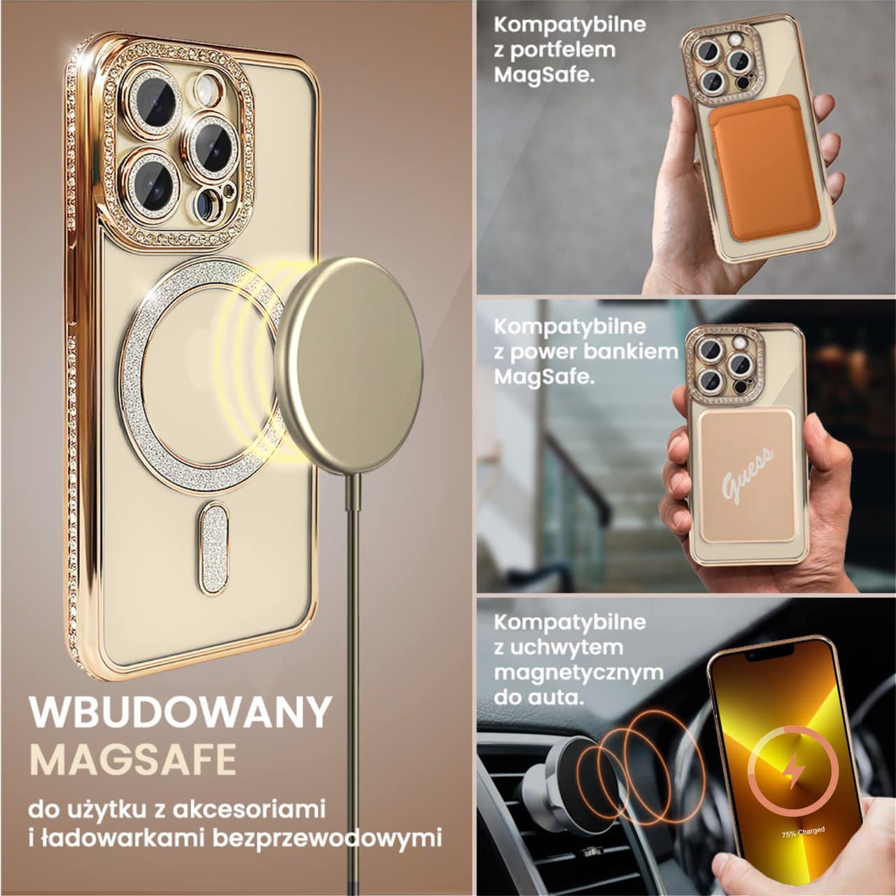 Etui do iPhone 13 Pro Diadem Glow, błyszczące z MagSafe, przeźroczyste, złote