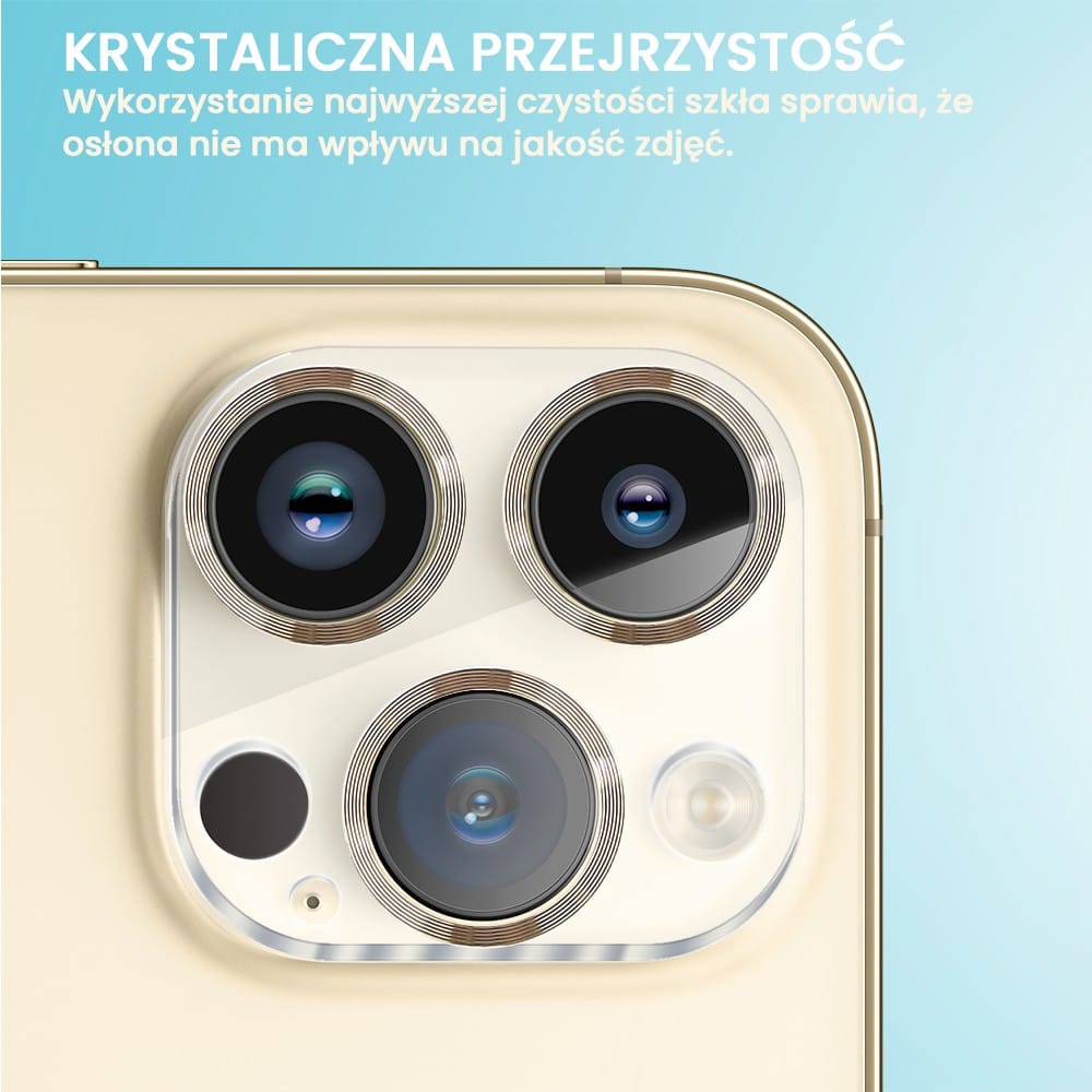 iPhone 13 Pro pełne szkło hartowane na cały aparat z metalowymi pierścieniami, złote