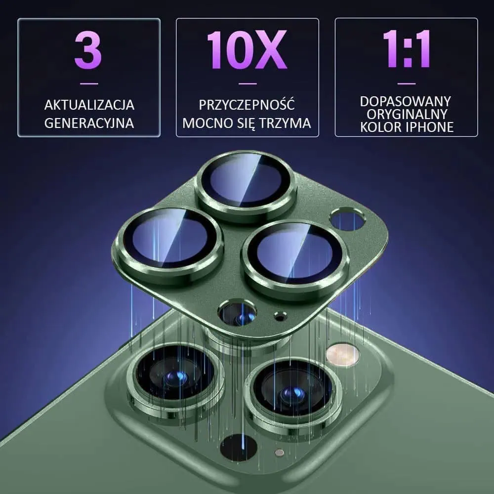 iPhone 13 Pro Max gładka metalowa osłona na cały aparat, wbudowane szkła 9H, zielona