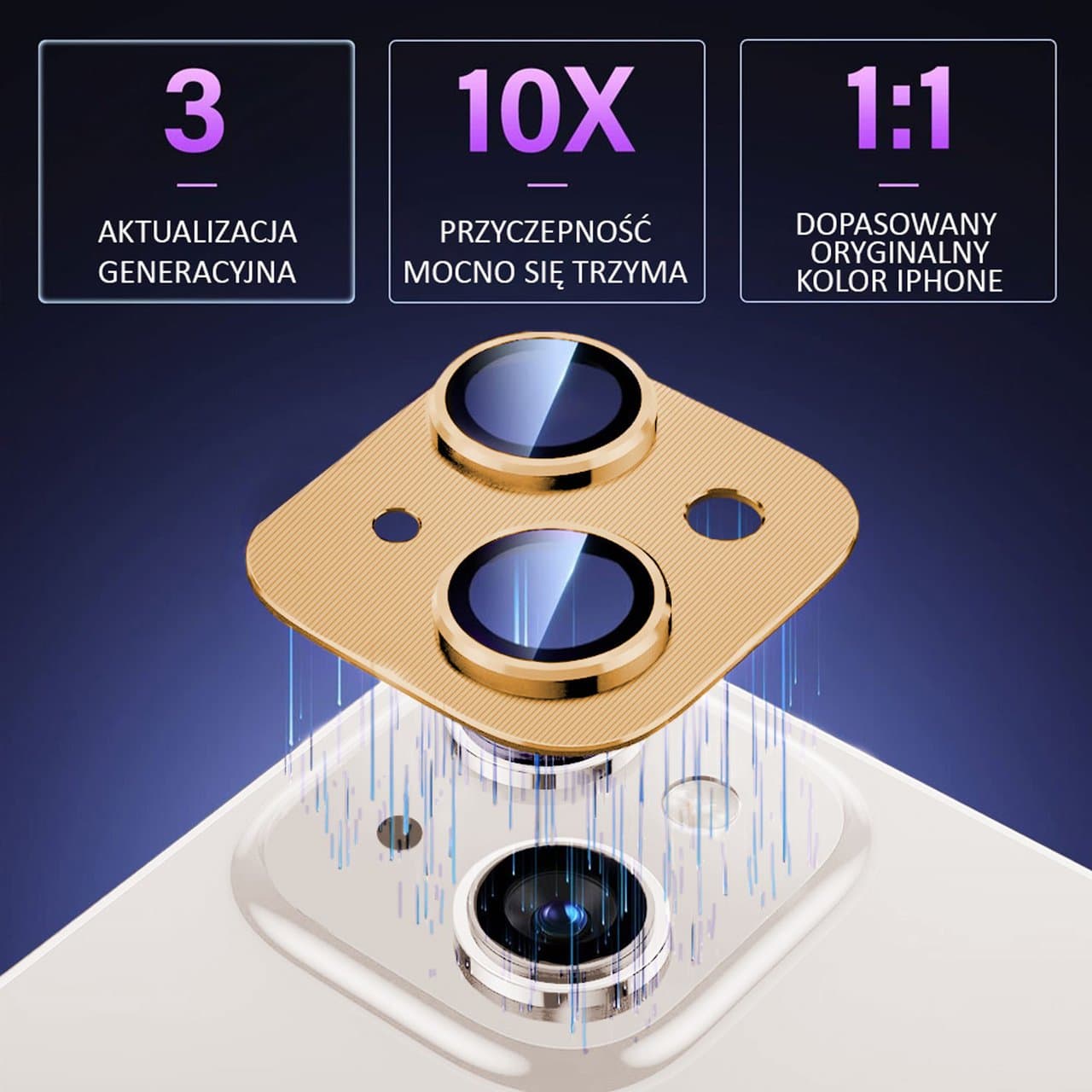 iPhone 14 metalowa osłona na cały aparat, wbudowane szkła 9H, złota