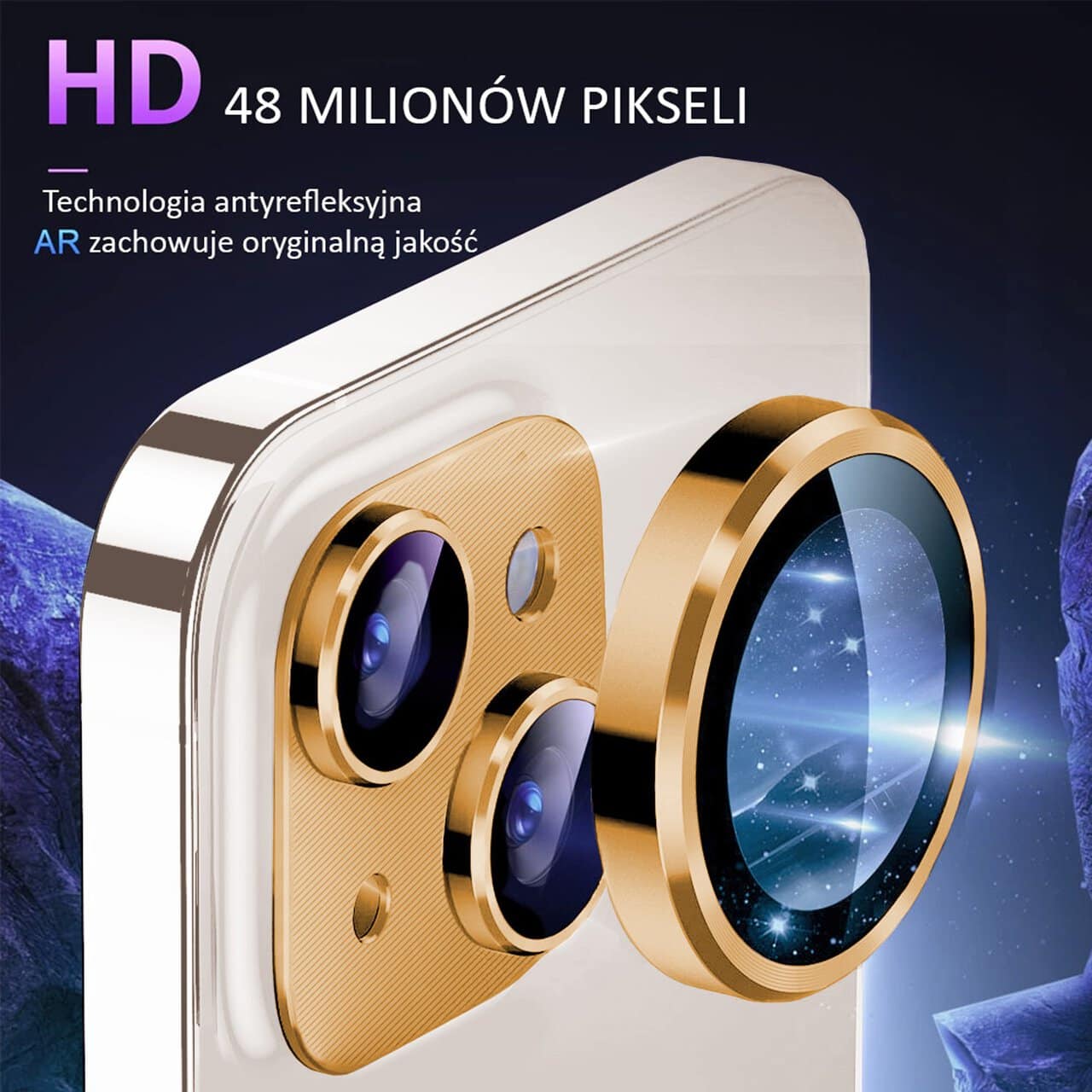 iPhone 14 metalowa osłona na cały aparat, wbudowane szkła 9H, złota