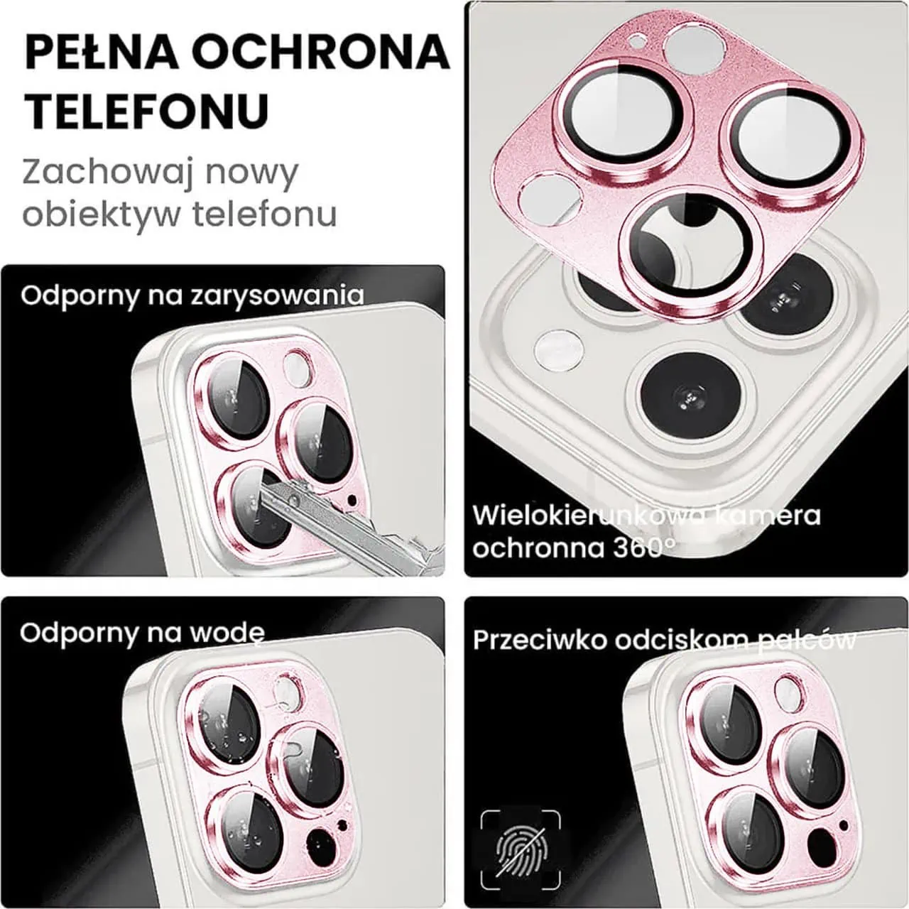 iPhone 14 Pro gładka metalowa osłona na cały aparat, wbudowane szkła 9H, różowa