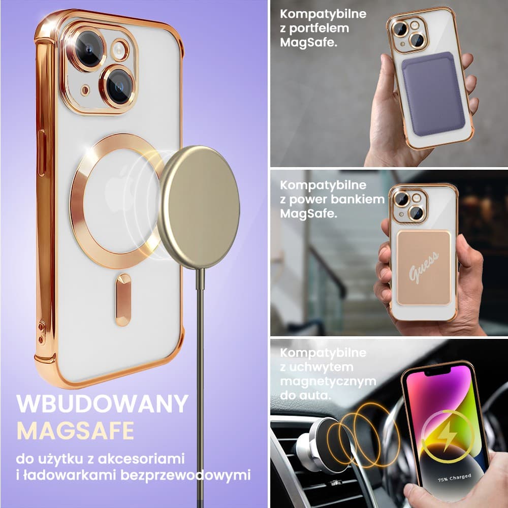 Etui do iPhone 14 Magsafe Luxury Anti-Shock Lens Protect, czerwone złoto