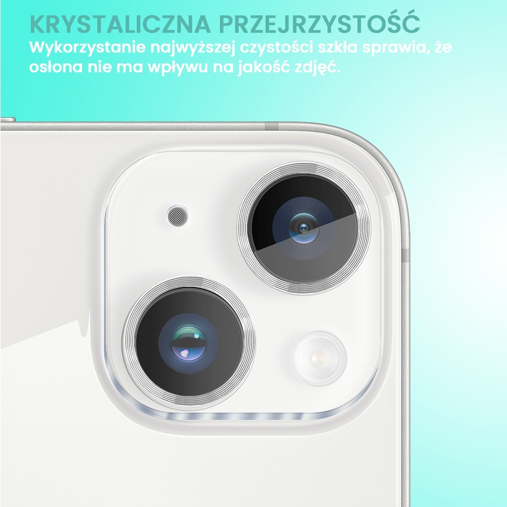 iPhone 14 pełne szkło hartowane na cały aparat z metalowymi pierścieniami, srebrne