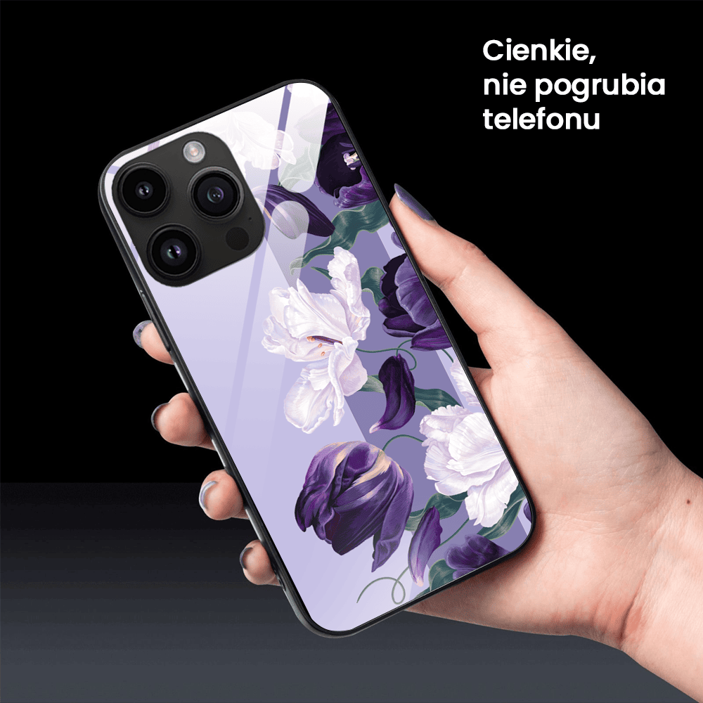 Etui do iPhone 12 Pro, szklany tył, purpurowa harmonia kwiatów, czarne