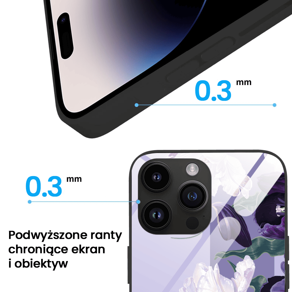 Etui do iPhone 12 Pro, szklany tył, purpurowa harmonia kwiatów, czarne