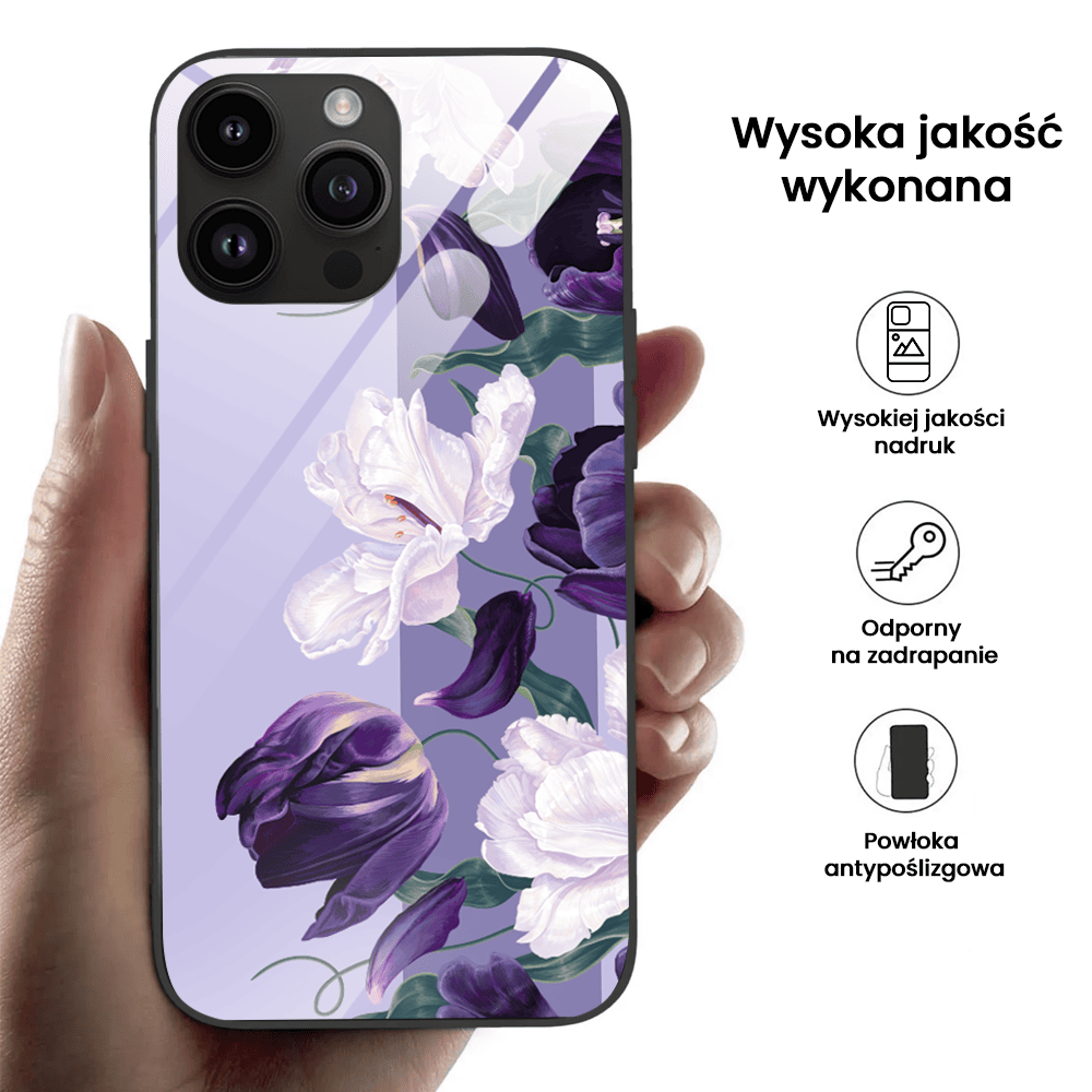 Etui do iPhone 12 Pro, szklany tył, purpurowa harmonia kwiatów, czarne