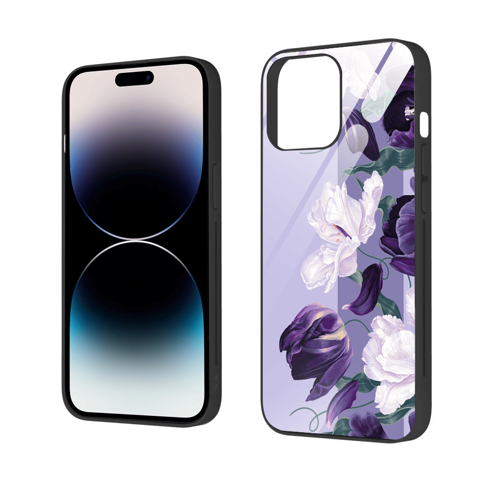 Etui do iPhone 12 Pro, szklany tył, purpurowa harmonia kwiatów, czarne