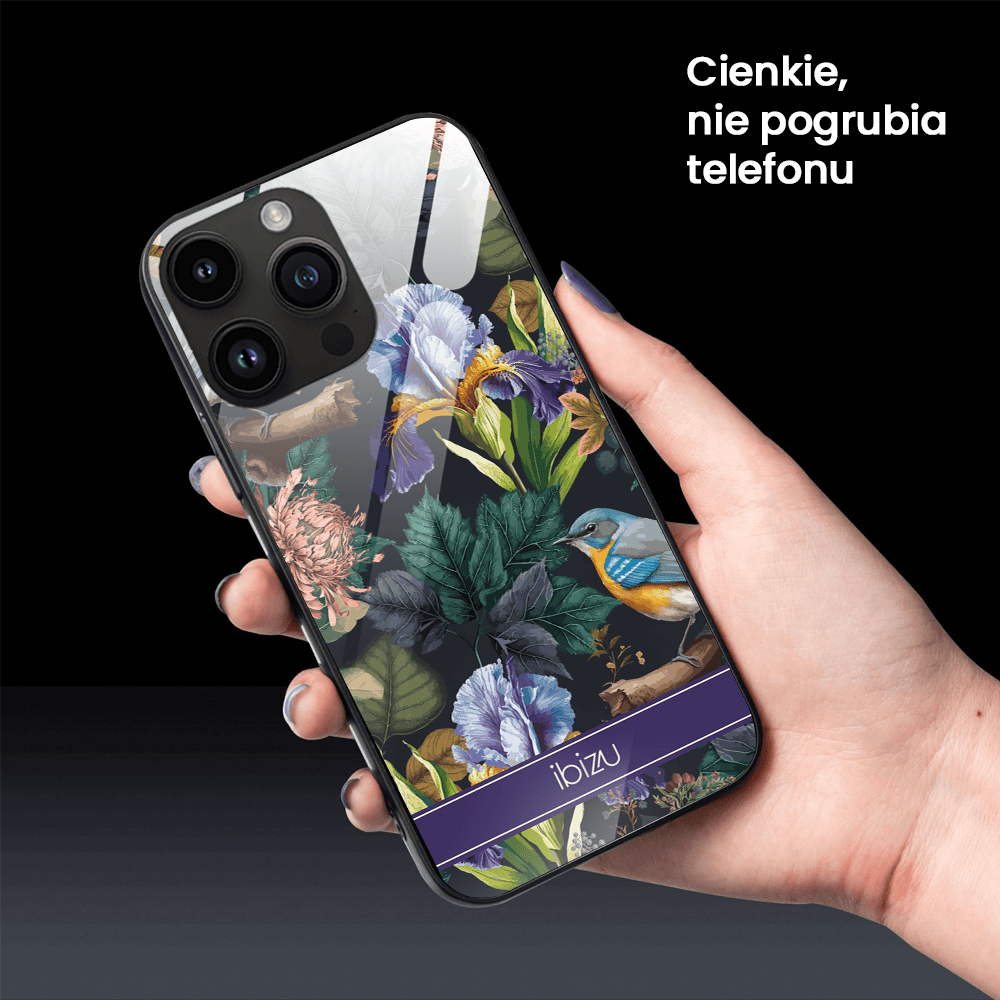 Etui do iPhone 12 Pro, Ibizu, szklany tył, symfonia natury, czarne
