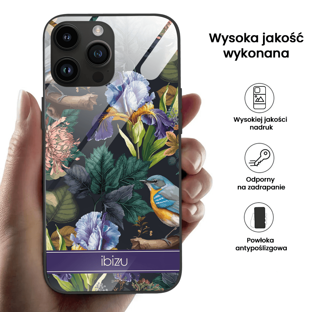 Etui do iPhone 12 Pro, Ibizu, szklany tył, symfonia natury, czarne