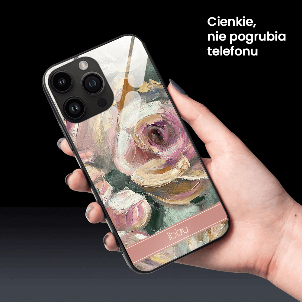 Etui do iPhone 12 Pro, Ibizu, szklany tył, namalowane róże, czarne
