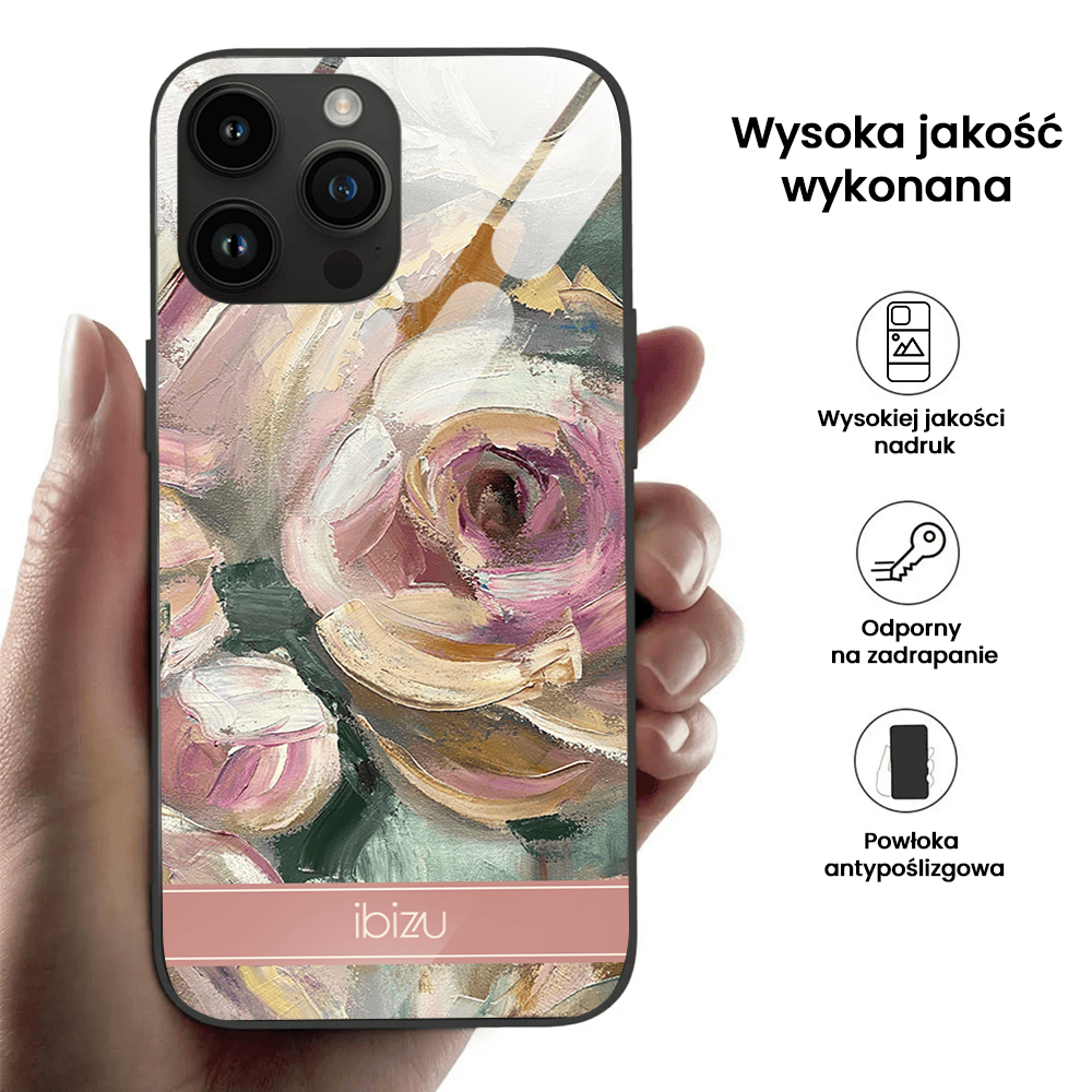 Etui do iPhone 12 Pro, Ibizu, szklany tył, namalowane róże, czarne