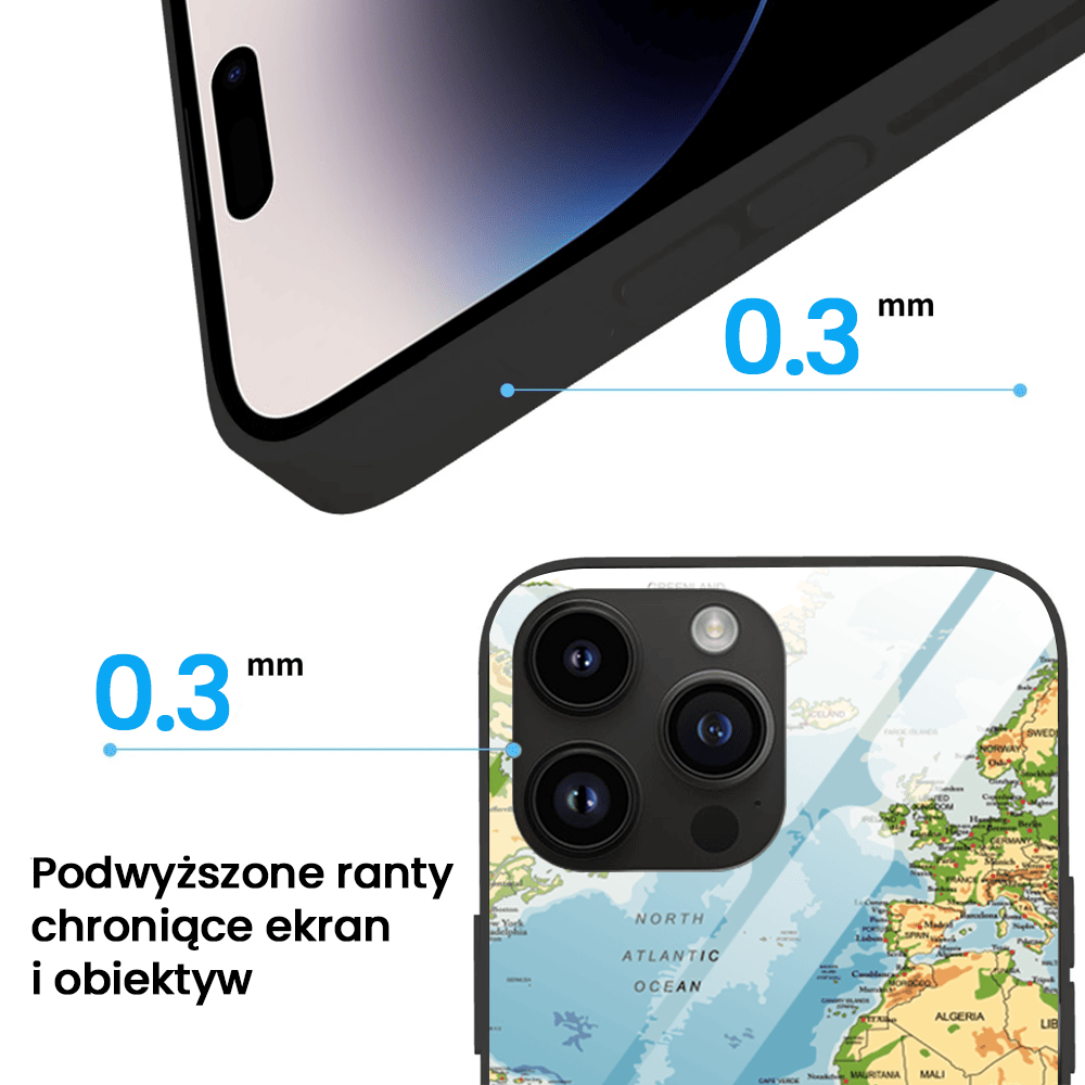 Etui do iPhone 12 Pro, szklany tył, mapa świata, czarne
