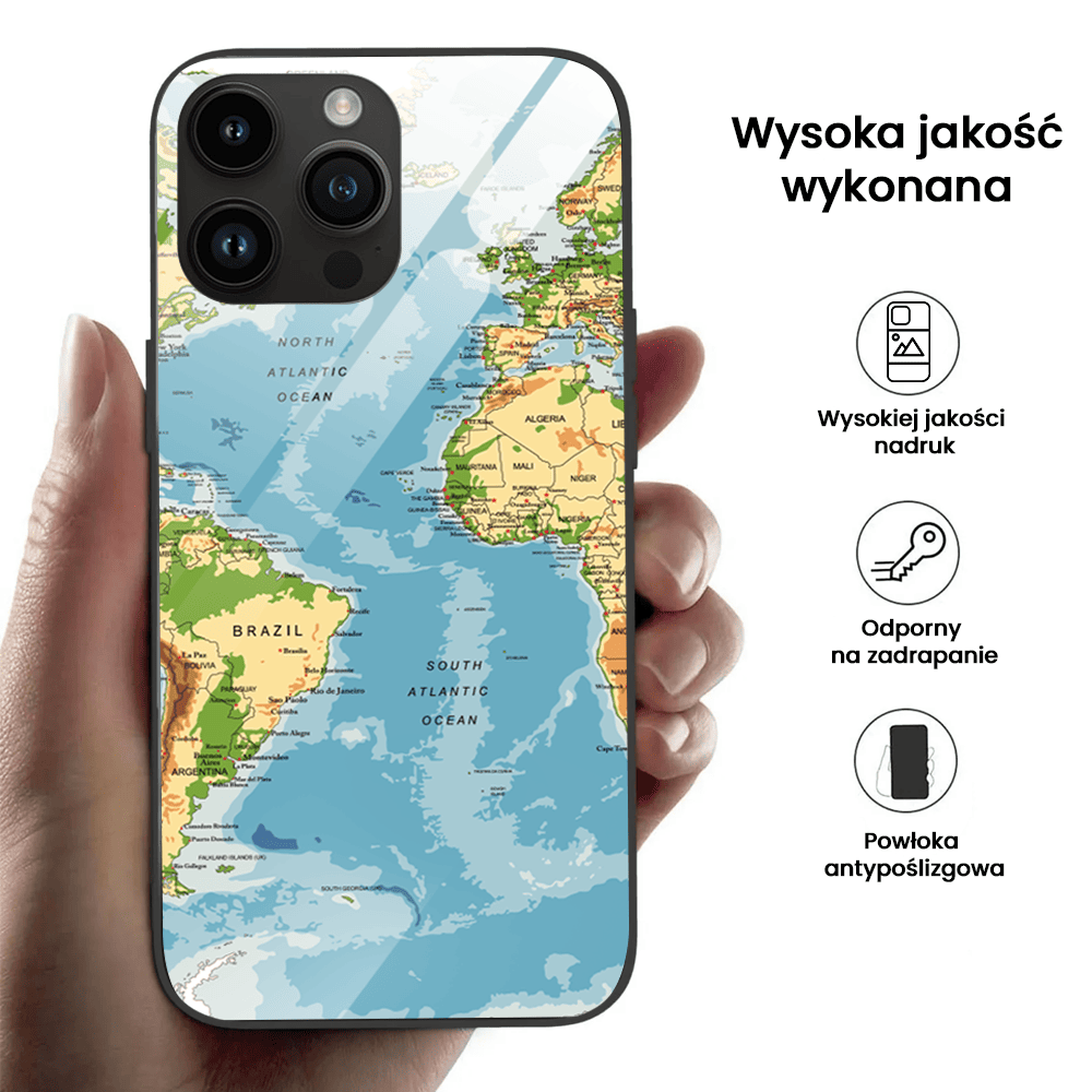 Etui do iPhone 12 Pro, szklany tył, mapa świata, czarne