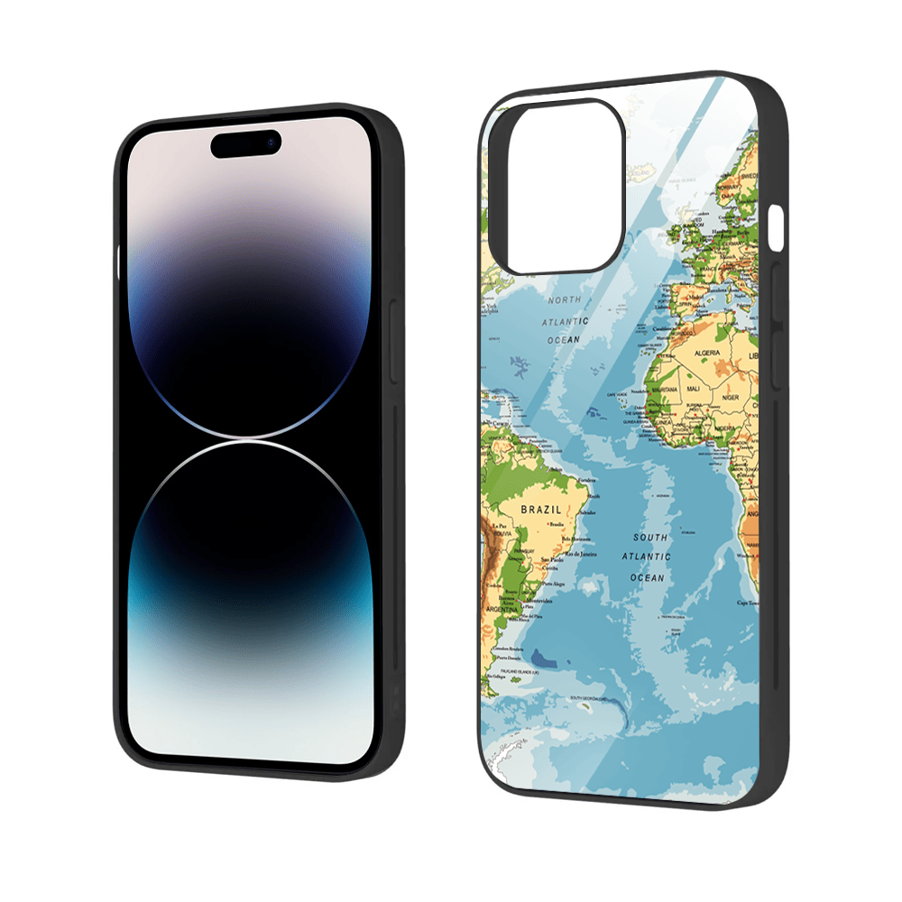 Etui do iPhone 12 Pro, szklany tył, mapa świata, czarne
