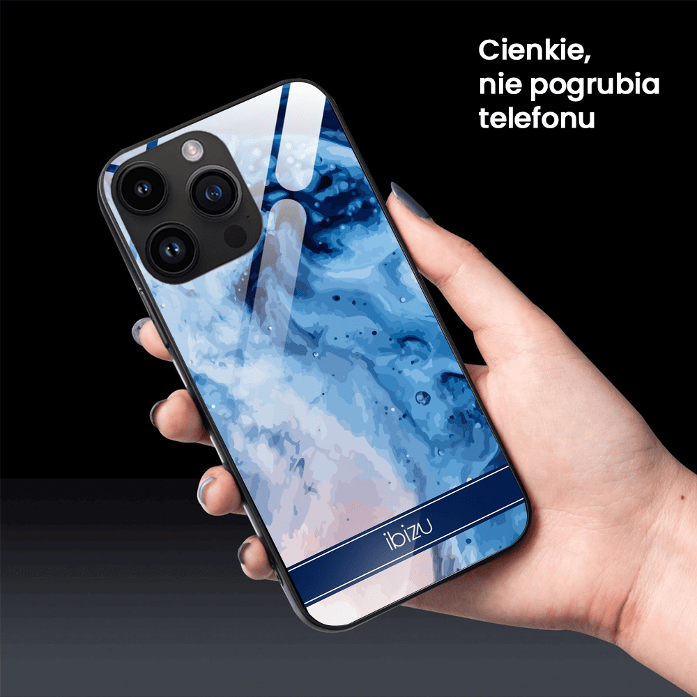 Etui do iPhone 12 Pro, Ibizu, szklany tył, błękitny marmurek wodny, czarne