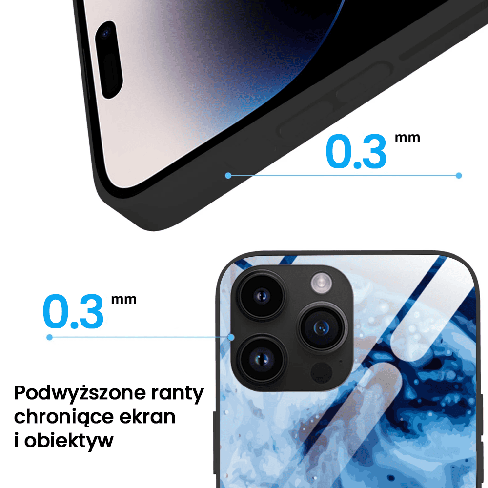Etui do iPhone 12 Pro, Ibizu, szklany tył, błękitny marmurek wodny, czarne