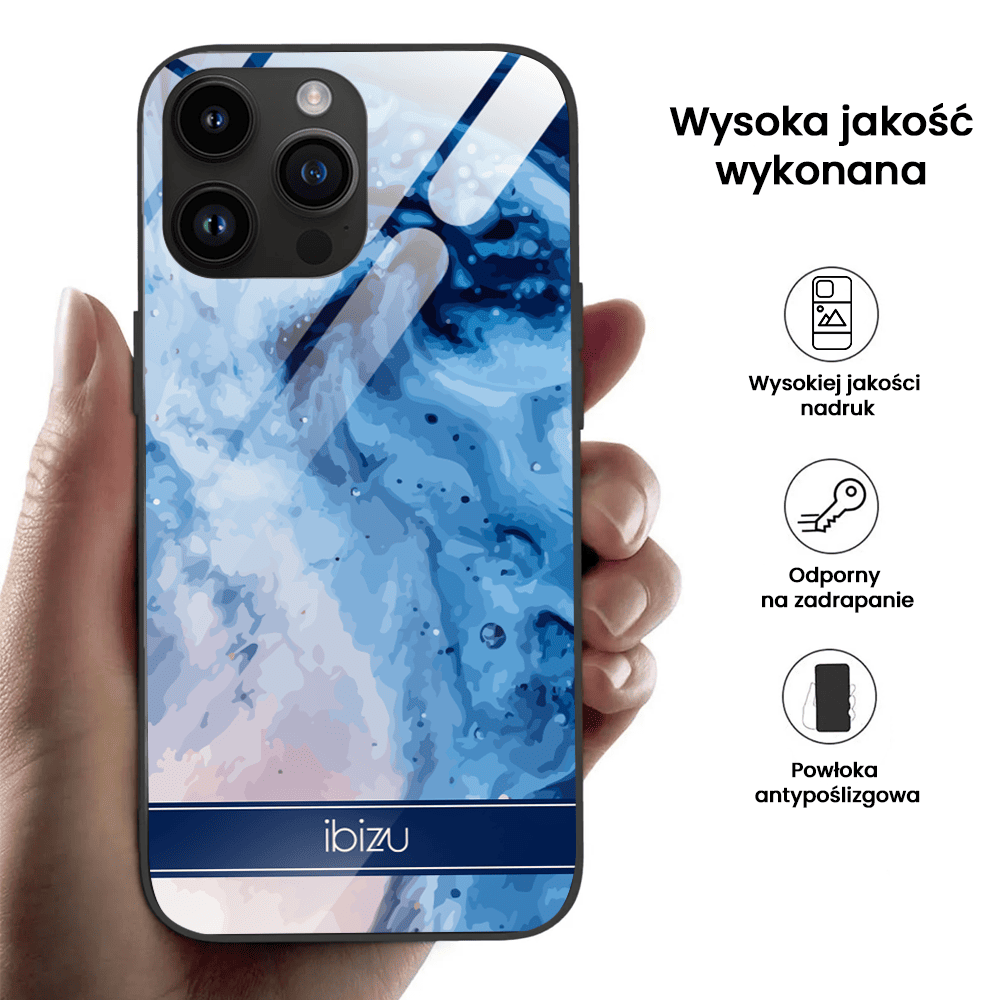 Etui do iPhone 12 Pro, Ibizu, szklany tył, błękitny marmurek wodny, czarne