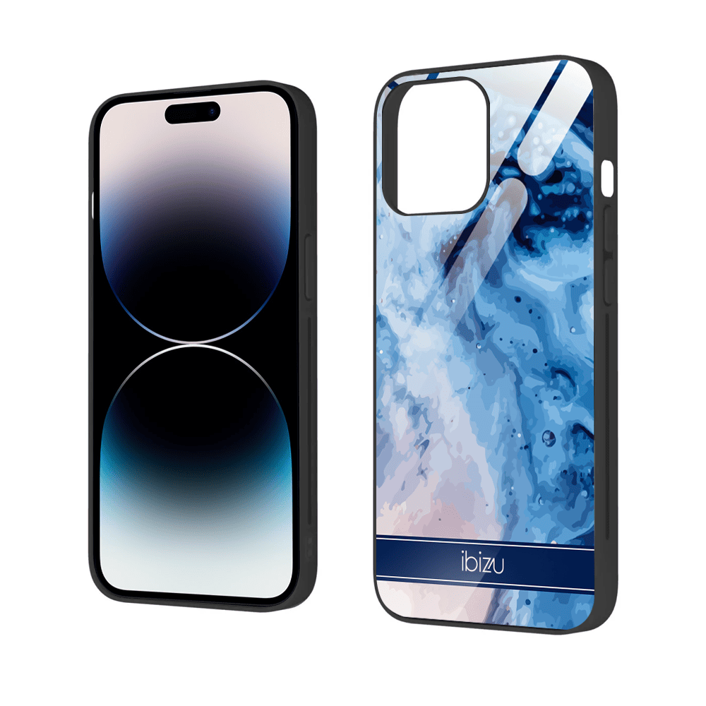 Etui do iPhone 12 Pro, Ibizu, szklany tył, błękitny marmurek wodny, czarne