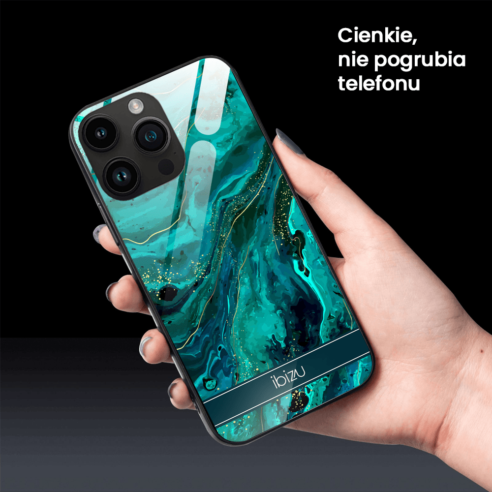 Etui do iPhone 12 Pro, Ibizu, szklany tył, zielony marmurek ze złoceniem, czarne