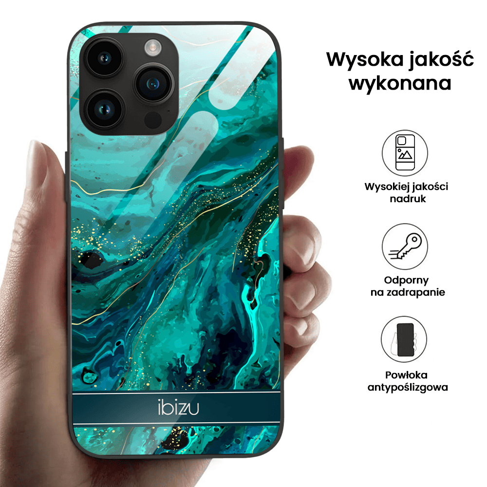 Etui do iPhone 12 Pro, Ibizu, szklany tył, zielony marmurek ze złoceniem, czarne