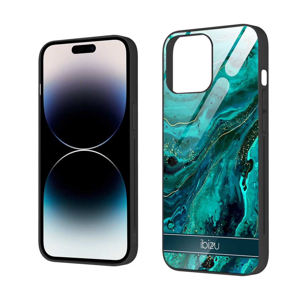 Etui do iPhone 12 Pro, Ibizu, szklany tył, zielony marmurek ze złoceniem, czarne