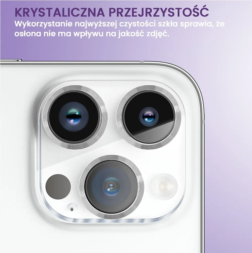 iPhone 15 Pro Max pełne szkło hartowane na cały aparat z metalowymi pierścieniami, srebrne