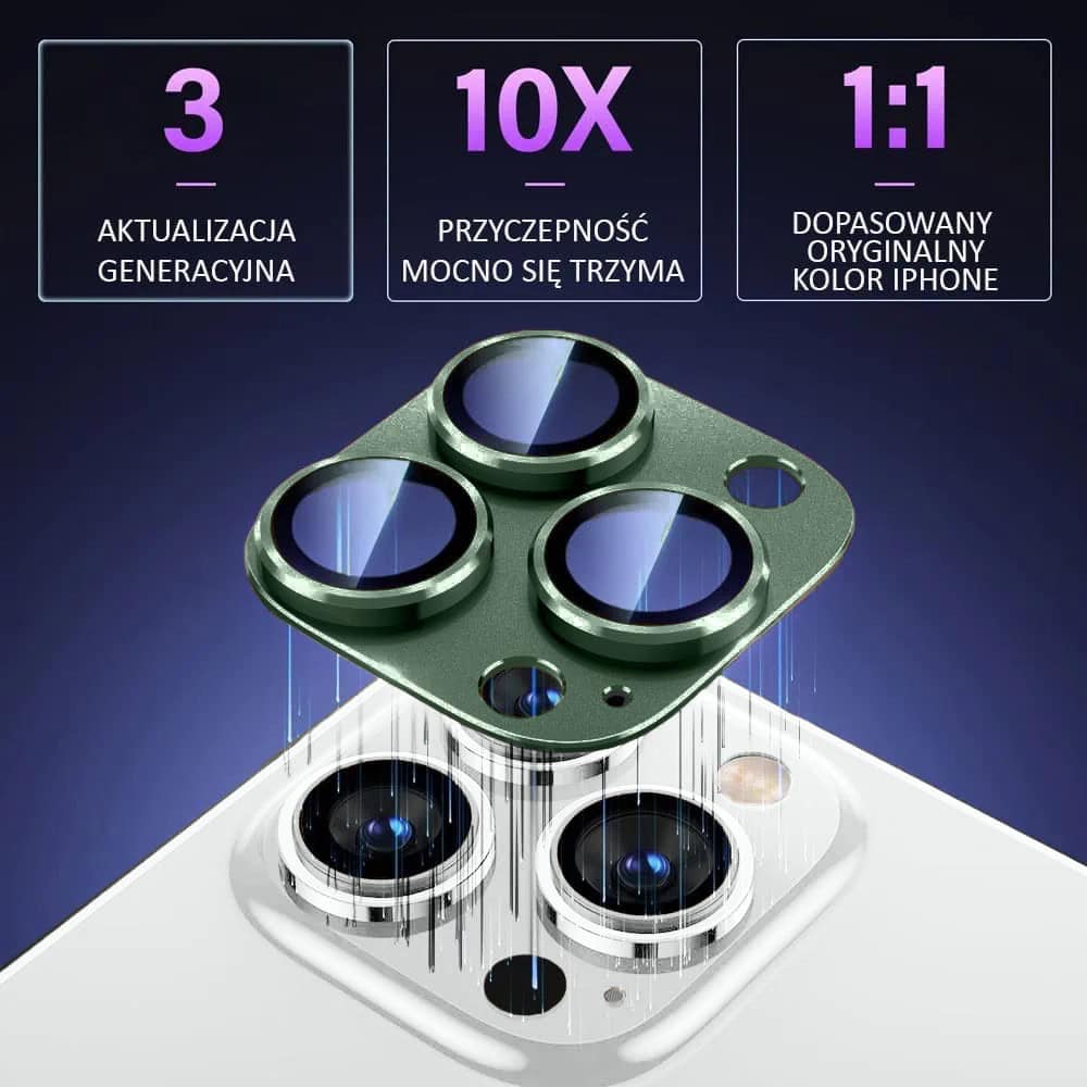 iPhone 14 Pro gładka metalowa osłona na cały aparat, wbudowane szkła 9H, zielona