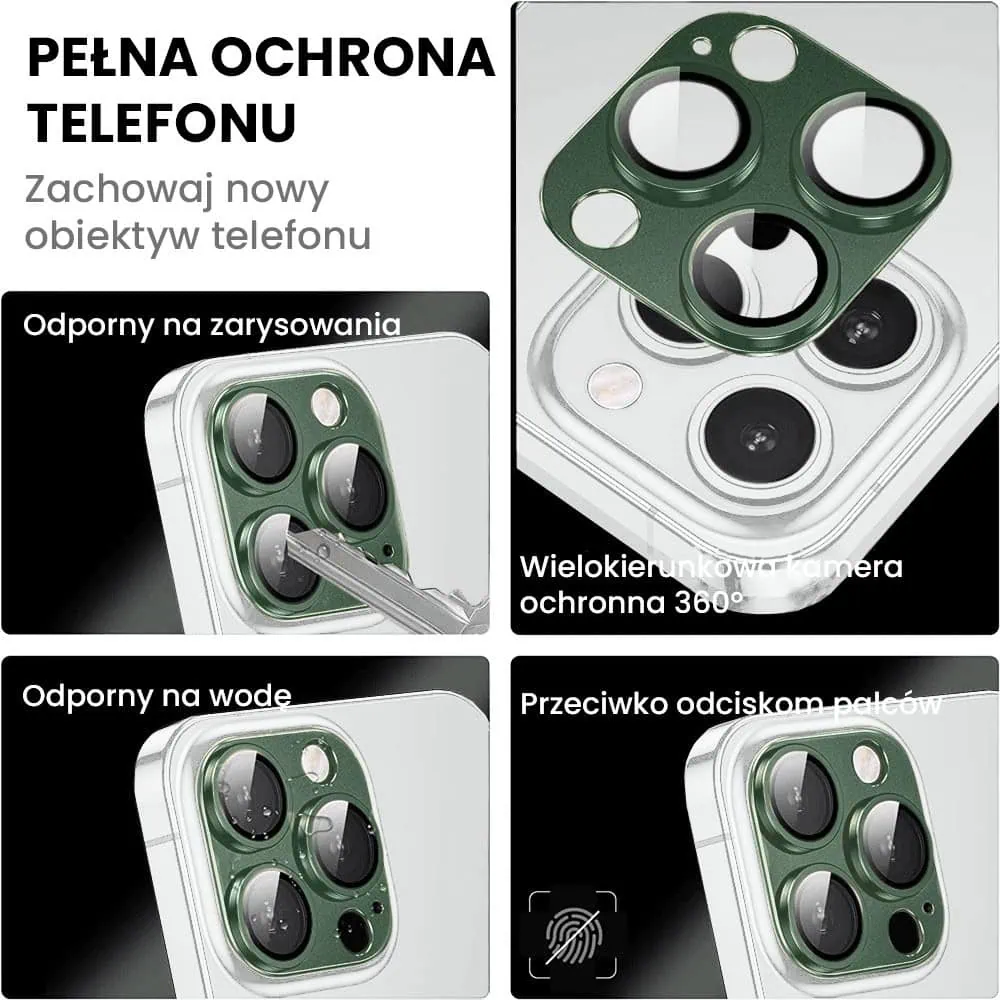 iPhone 14 Pro gładka metalowa osłona na cały aparat, wbudowane szkła 9H, zielona