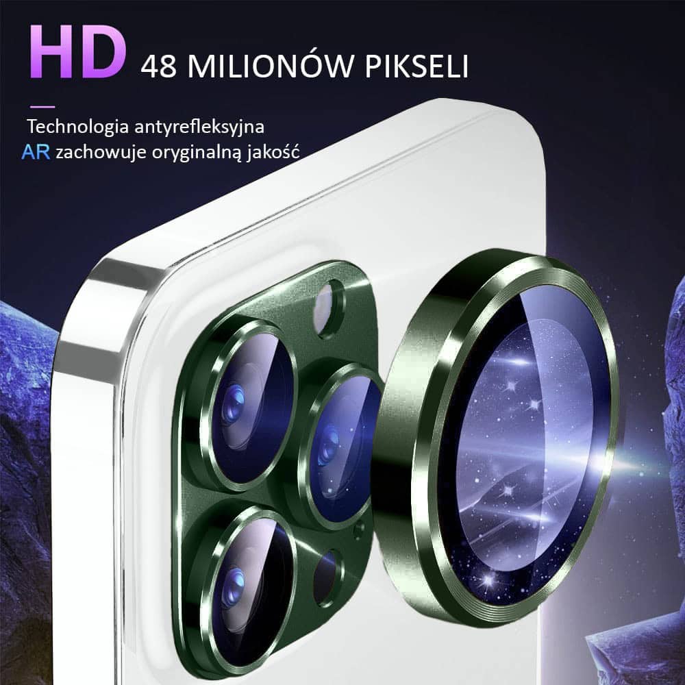 iPhone 14 Pro gładka metalowa osłona na cały aparat, wbudowane szkła 9H, zielona